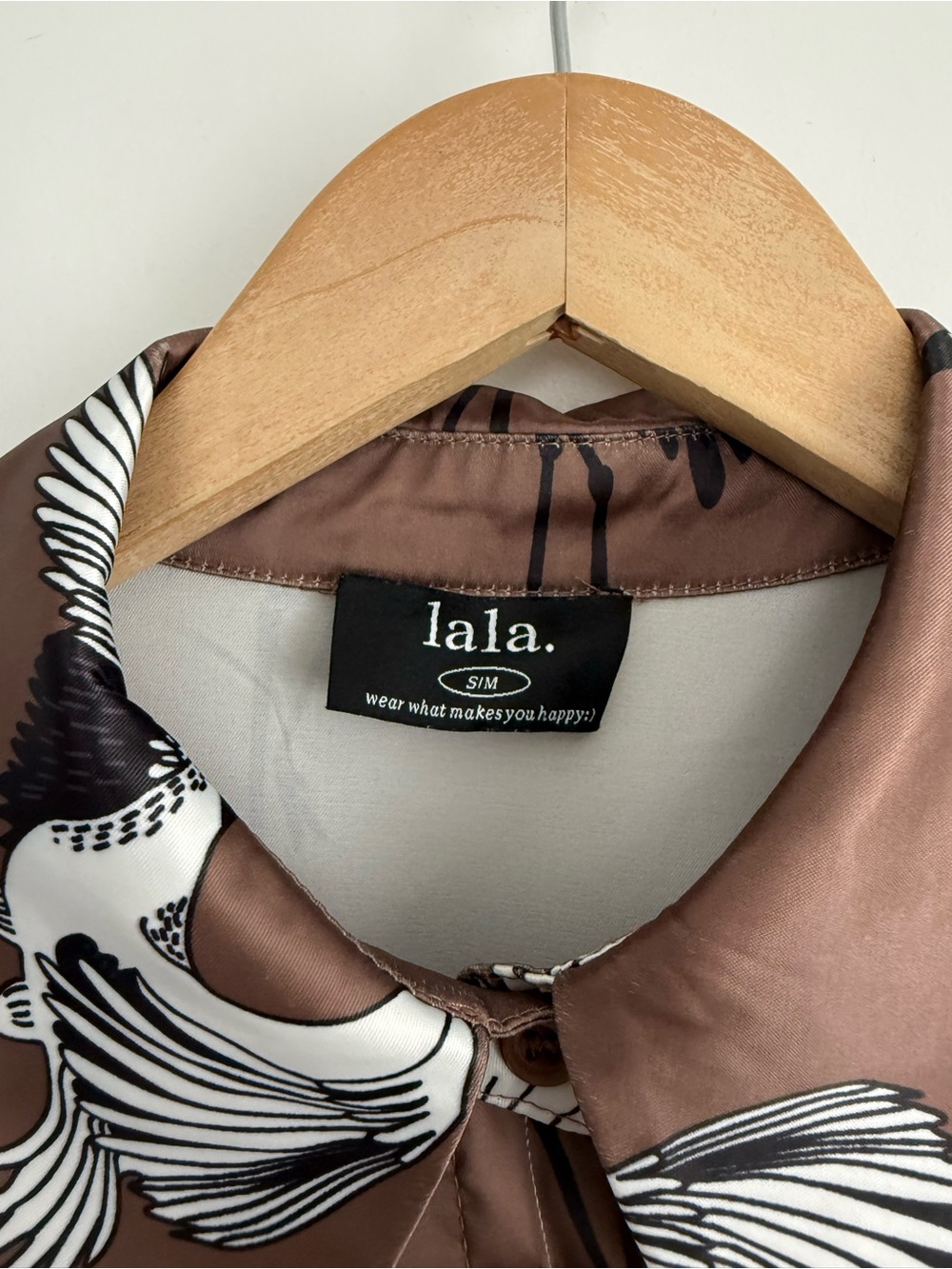 Dressed in Lala Posh Satin Shirt in Eternal Youth Cranes - Picture 11 of 13